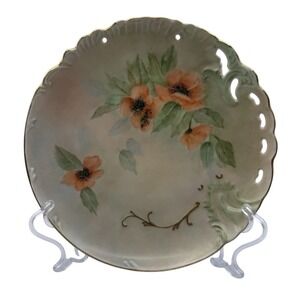 VTG Handpainted Unmarked 8"‎ China Plate With Orange Poppy Motif And Gold Rim